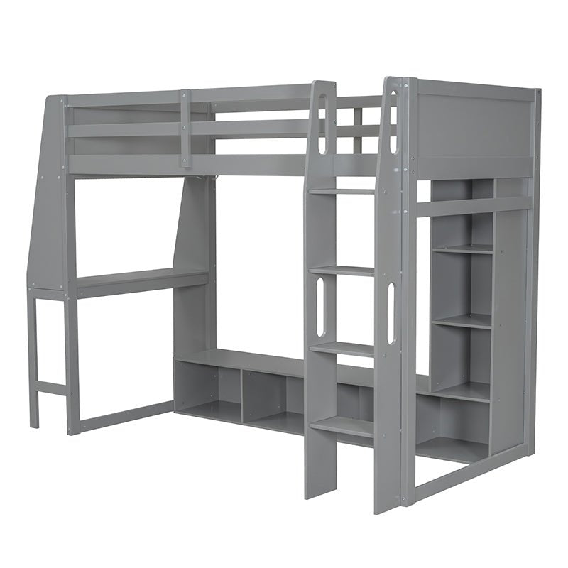 Bellemave® Wood Gaming Loft Bed with Desk, Multi - storage Shelves, LED and a Hanging Clothes Rack - Bellemave