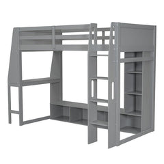 Bellemave® Wood Gaming Loft Bed with Desk, Multi - storage Shelves, LED and a Hanging Clothes Rack - Bellemave
