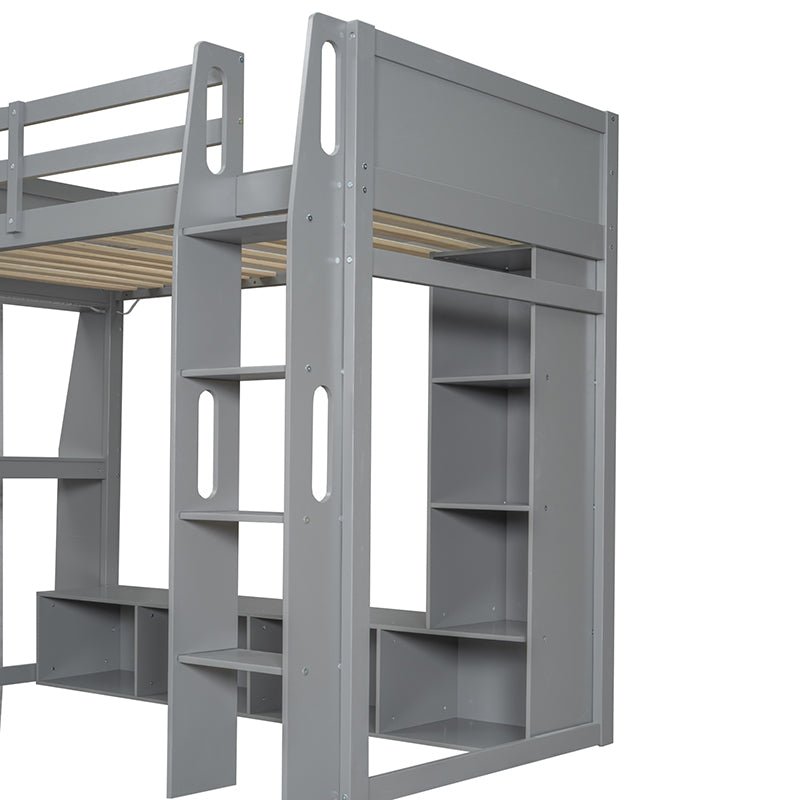 Bellemave® Wood Gaming Loft Bed with Desk, Multi - storage Shelves, LED and a Hanging Clothes Rack - Bellemave