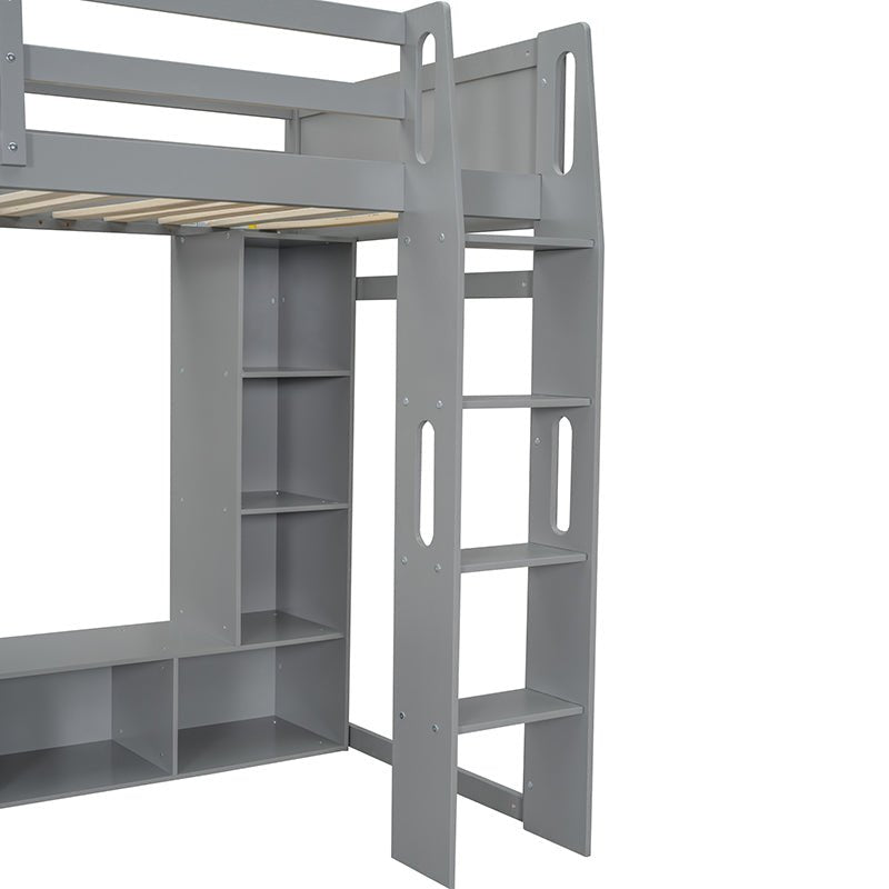 Bellemave® Wood Gaming Loft Bed with Desk, Multi - storage Shelves, LED and a Hanging Clothes Rack - Bellemave