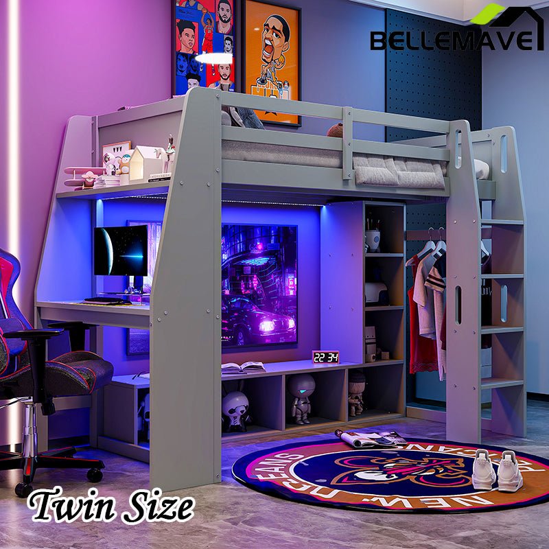 Bellemave® Wood Gaming Loft Bed with Desk, Multi - storage Shelves, LED and a Hanging Clothes Rack - Bellemave