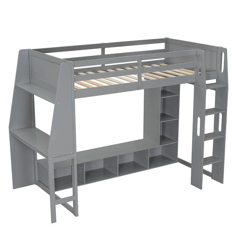 Bellemave® Wood Gaming Loft Bed with Desk, Multi - storage Shelves, LED and a Hanging Clothes Rack - Bellemave