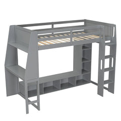 Bellemave® Wood Gaming Loft Bed with Desk, Multi - storage Shelves, LED and a Hanging Clothes Rack - Bellemave