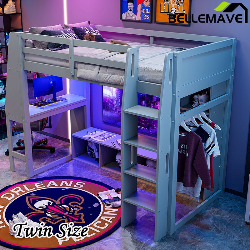 Bellemave® Wood Gaming Loft Bed with Desk, Multi - storage Shelves, LED and a Hanging Clothes Rack - Bellemave