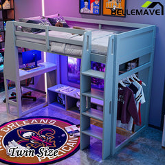 Bellemave® Wood Gaming Loft Bed with Desk, Multi - storage Shelves, LED and a Hanging Clothes Rack - Bellemave