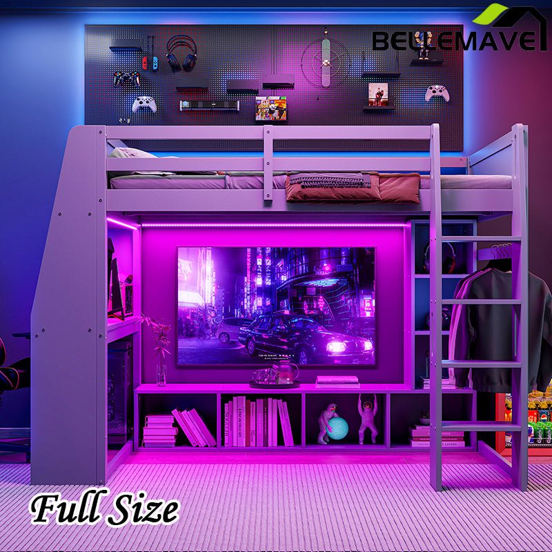 Bellemave® Wood Gaming Loft Bed with Desk, Multi - storage Shelves, LED and a Hanging Clothes Rack - Bellemave