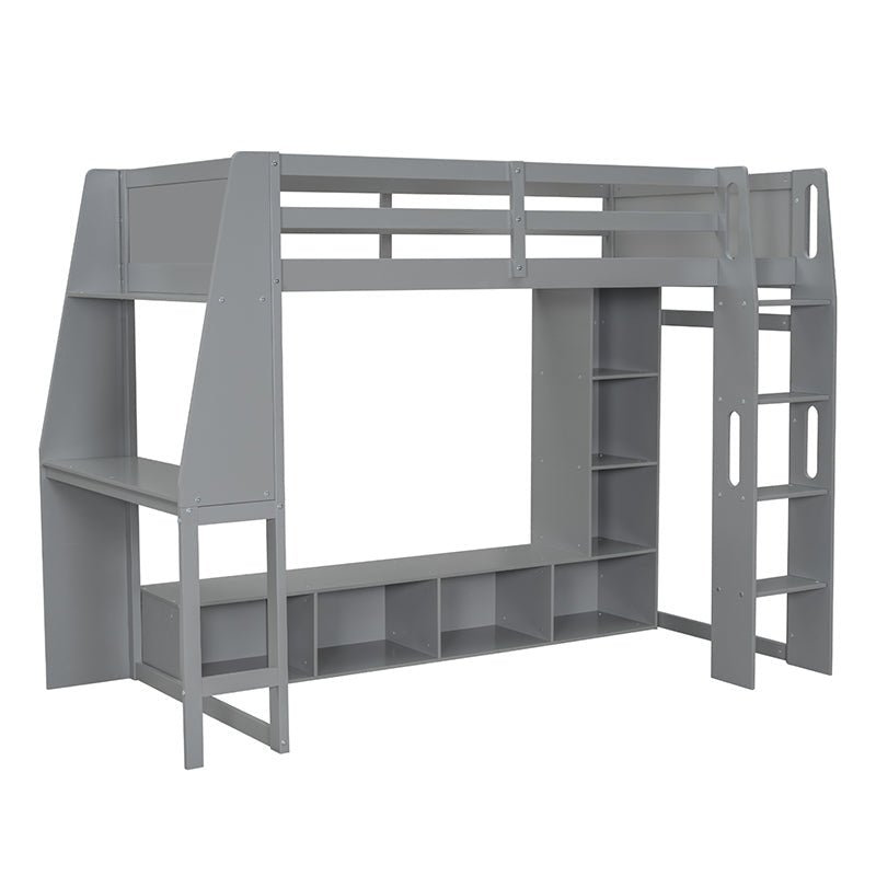 Bellemave® Wood Gaming Loft Bed with Desk, Multi - storage Shelves, LED and a Hanging Clothes Rack - Bellemave
