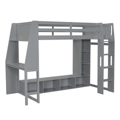 Bellemave® Wood Gaming Loft Bed with Desk, Multi - storage Shelves, LED and a Hanging Clothes Rack - Bellemave