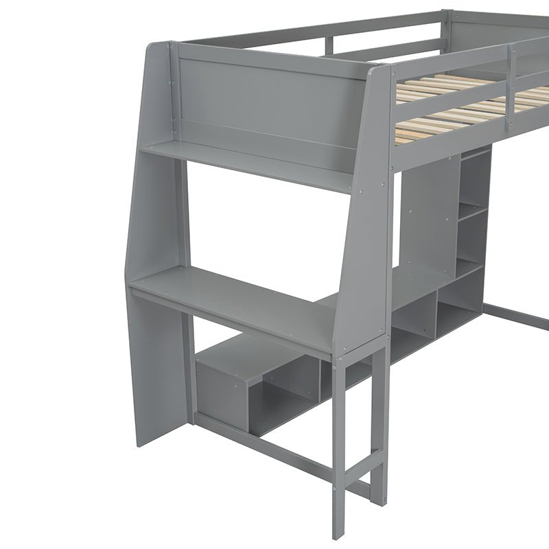 Bellemave® Wood Gaming Loft Bed with Desk, Multi - storage Shelves, LED and a Hanging Clothes Rack - Bellemave