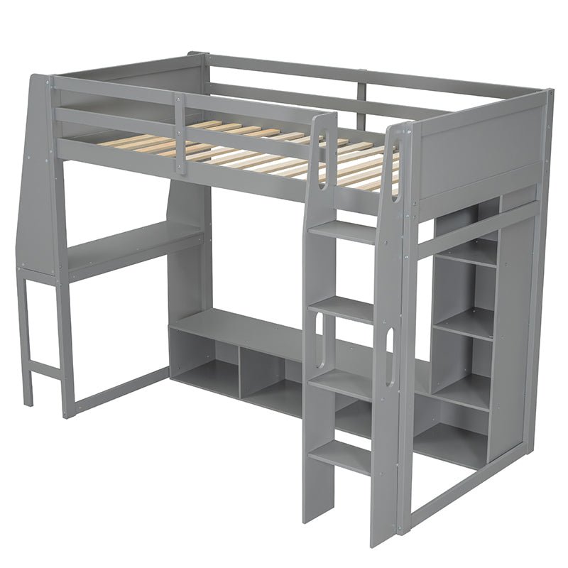 Bellemave® Wood Gaming Loft Bed with Desk, Multi - storage Shelves, LED and a Hanging Clothes Rack - Bellemave