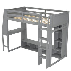 Bellemave® Wood Gaming Loft Bed with Desk, Multi - storage Shelves, LED and a Hanging Clothes Rack - Bellemave