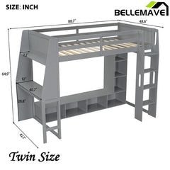 Bellemave® Wood Gaming Loft Bed with Desk, Multi - storage Shelves, LED and a Hanging Clothes Rack - Bellemave