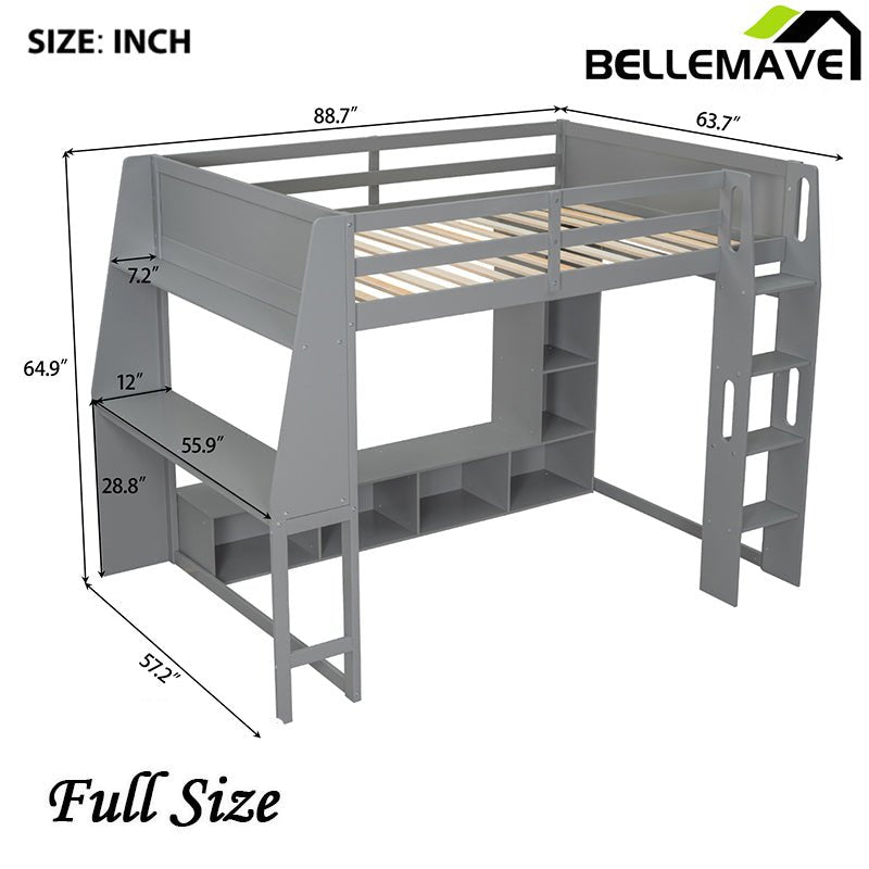 Bellemave® Wood Gaming Loft Bed with Desk, Multi - storage Shelves, LED and a Hanging Clothes Rack - Bellemave