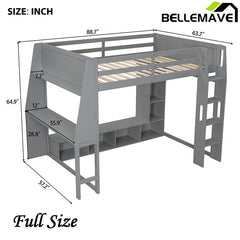 Bellemave® Wood Gaming Loft Bed with Desk, Multi - storage Shelves, LED and a Hanging Clothes Rack - Bellemave