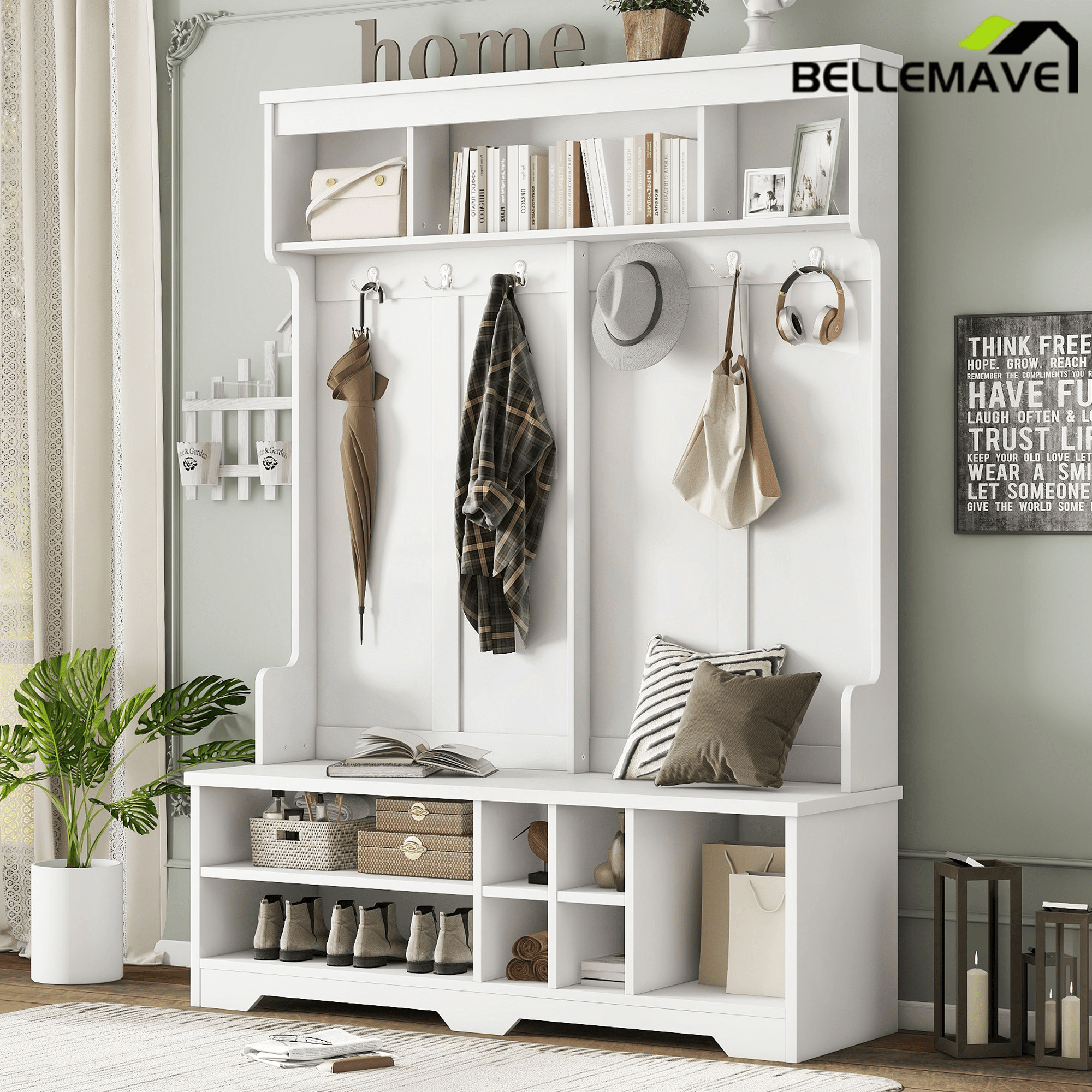 Bellemave® Wood Hall Tree with Bench, Shoe Storage & 6 Hooks – Entryway Mudroom Organizer - Bellemave
