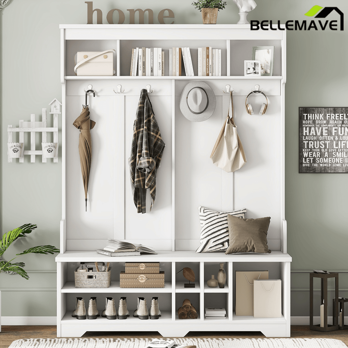 Bellemave® Wood Hall Tree with Bench, Shoe Storage & 6 Hooks – Entryway Mudroom Organizer - Bellemave