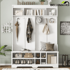 Bellemave® Wood Hall Tree with Bench, Shoe Storage & 6 Hooks – Entryway Mudroom Organizer - Bellemave