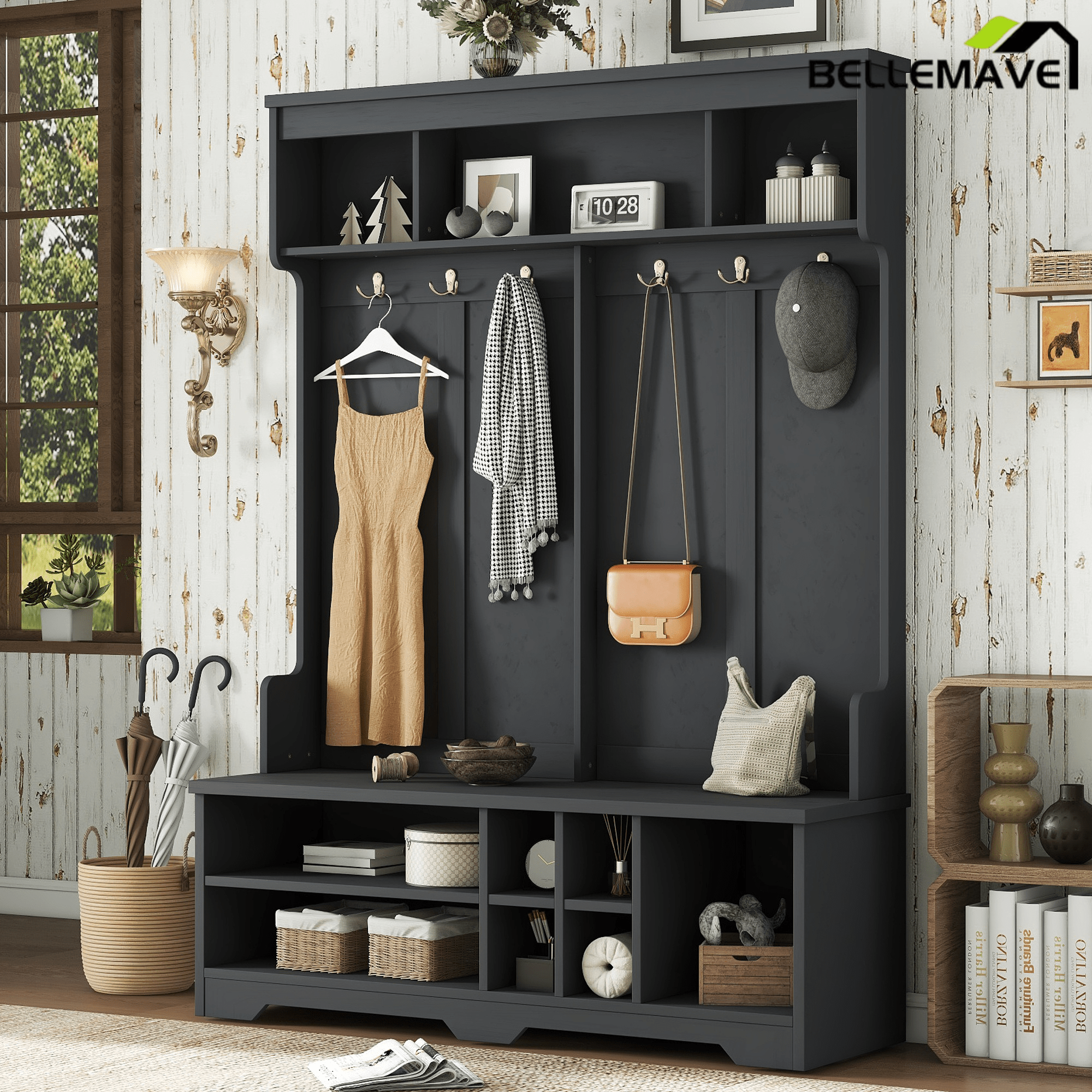 Bellemave® Wood Hall Tree with Bench, Shoe Storage & 6 Hooks – Entryway Mudroom Organizer - Bellemave