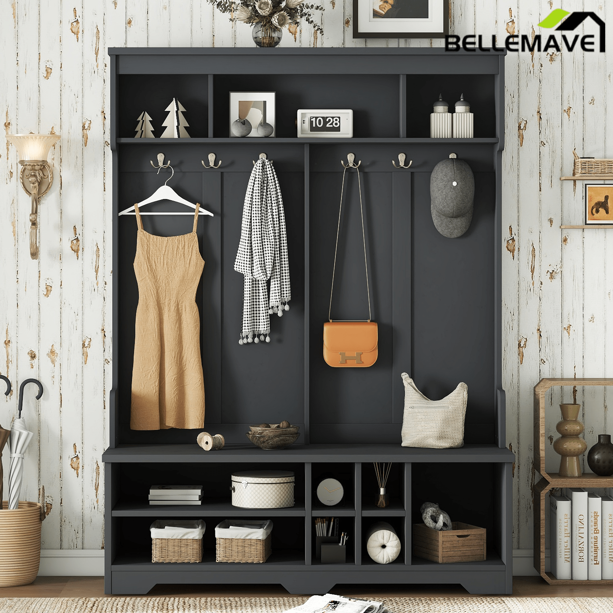 Bellemave® Wood Hall Tree with Bench, Shoe Storage & 6 Hooks – Entryway Mudroom Organizer - Bellemave
