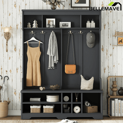 Bellemave® Wood Hall Tree with Bench, Shoe Storage & 6 Hooks – Entryway Mudroom Organizer - Bellemave