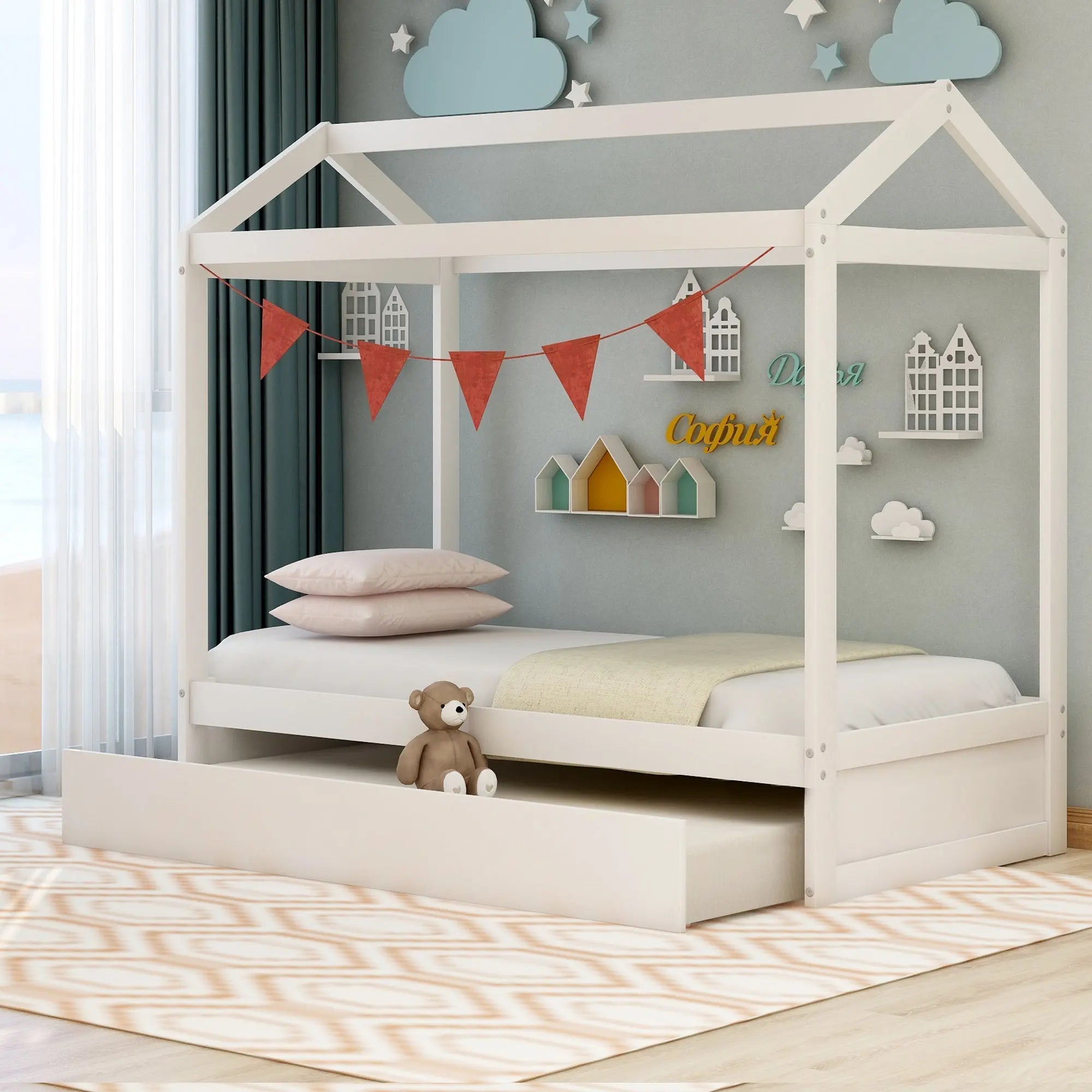 Bellemave® Wood House Bed with Trundle Bed - Bellemave