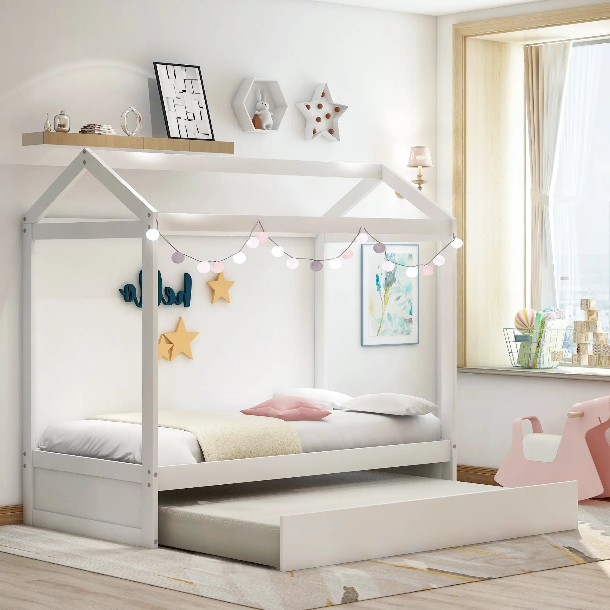 Bellemave® Wood House Bed with Trundle Bed - Bellemave
