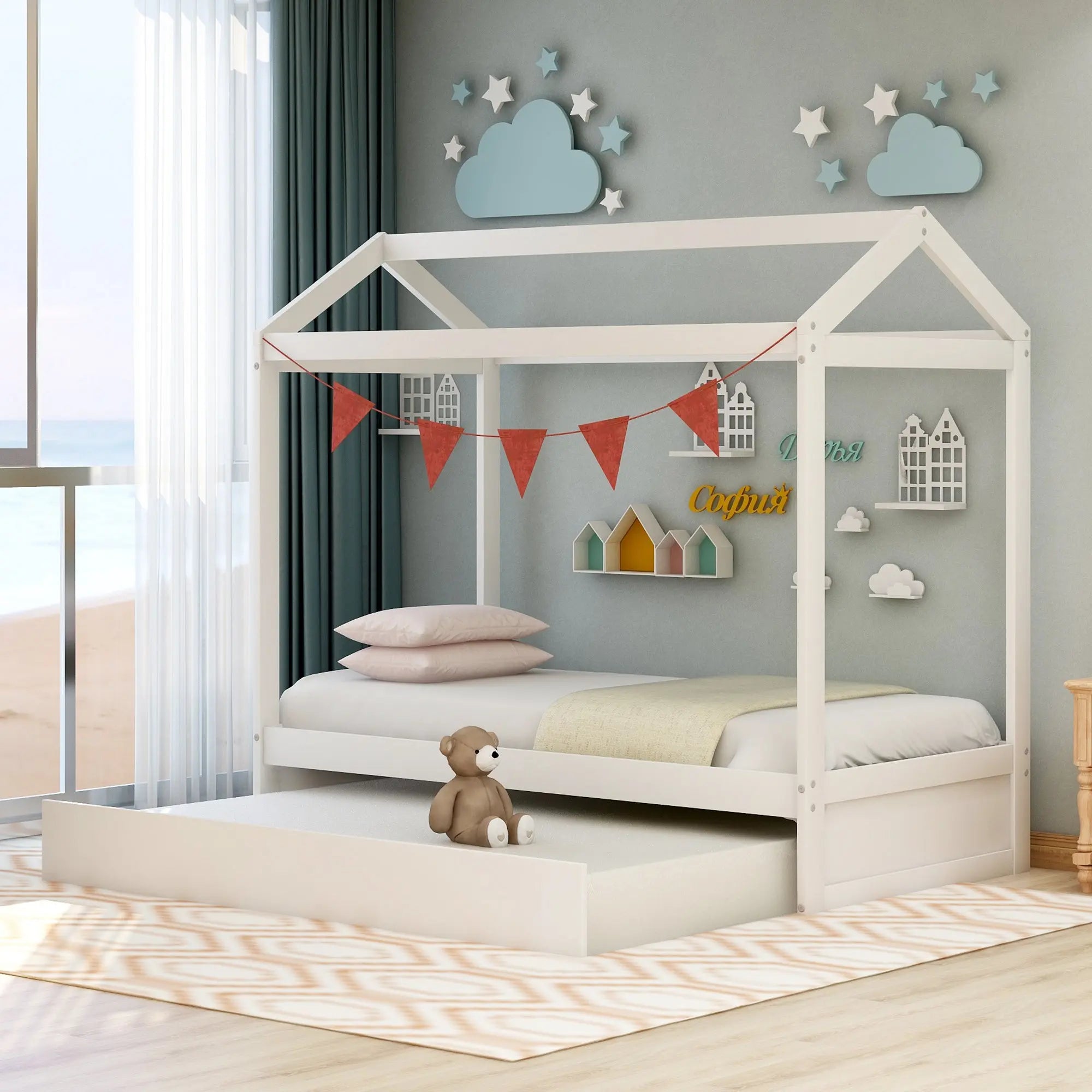 Bellemave® Wood House Bed with Trundle Bed - Bellemave