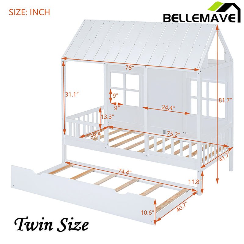 Bellemave® Wood House Bed With Twin Size Trundle - Bellemave