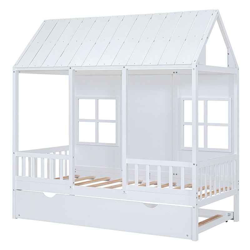 Bellemave® Wood House Bed With Twin Size Trundle - Bellemave