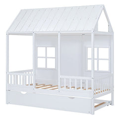 Bellemave® Wood House Bed With Twin Size Trundle - Bellemave