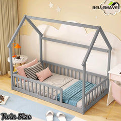 Bellemave® Wood House Floor Bed Frame with Safety Fence Guardrails - Bellemave