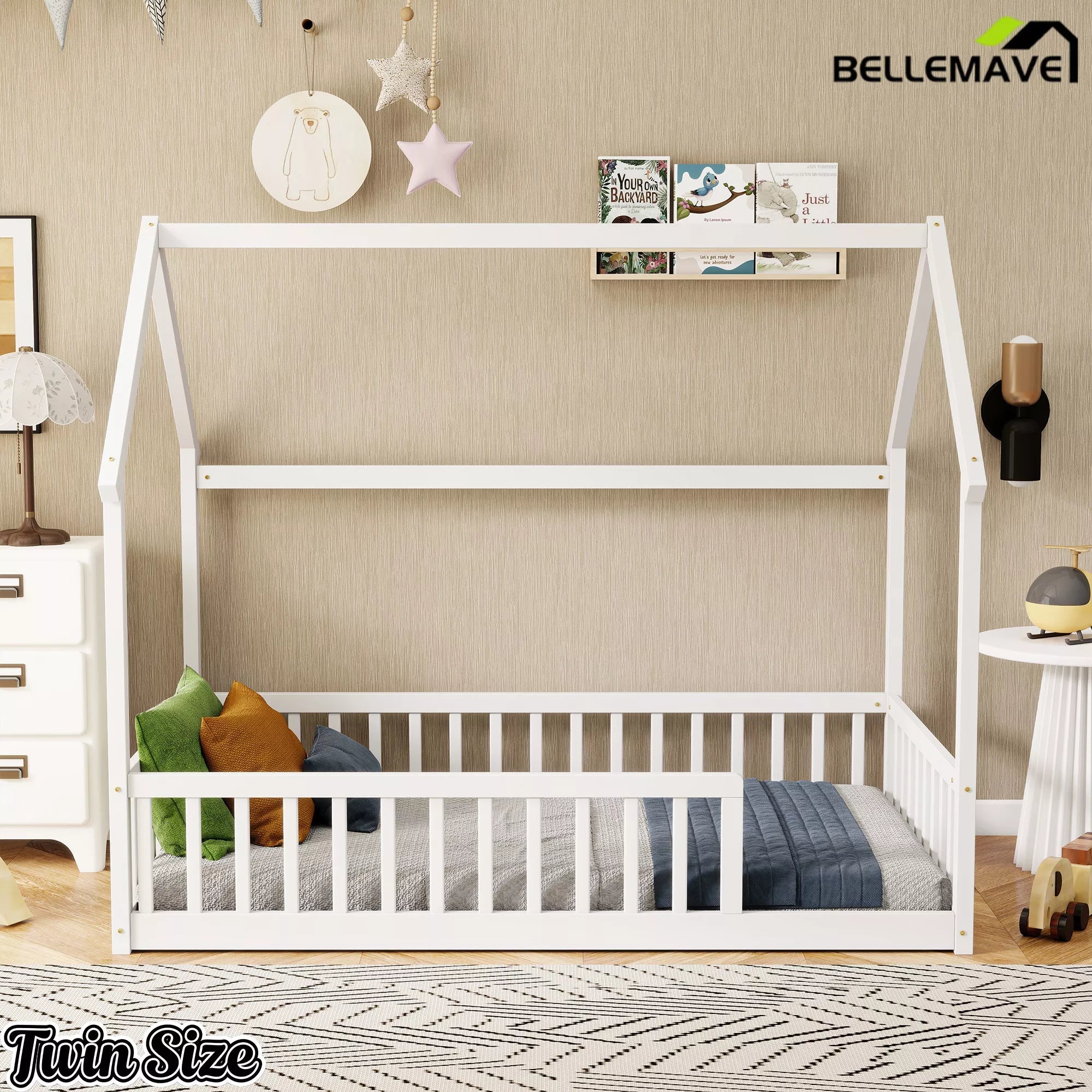 Bellemave® Wood House Floor Bed Frame with Safety Fence Guardrails - Bellemave