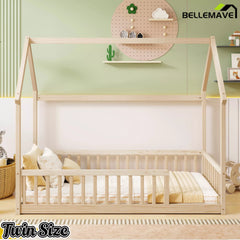 Bellemave® Wood House Floor Bed Frame with Safety Fence Guardrails - Bellemave