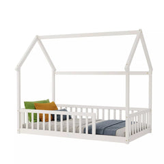 Bellemave® Wood House Floor Bed Frame with Safety Fence Guardrails - Bellemave