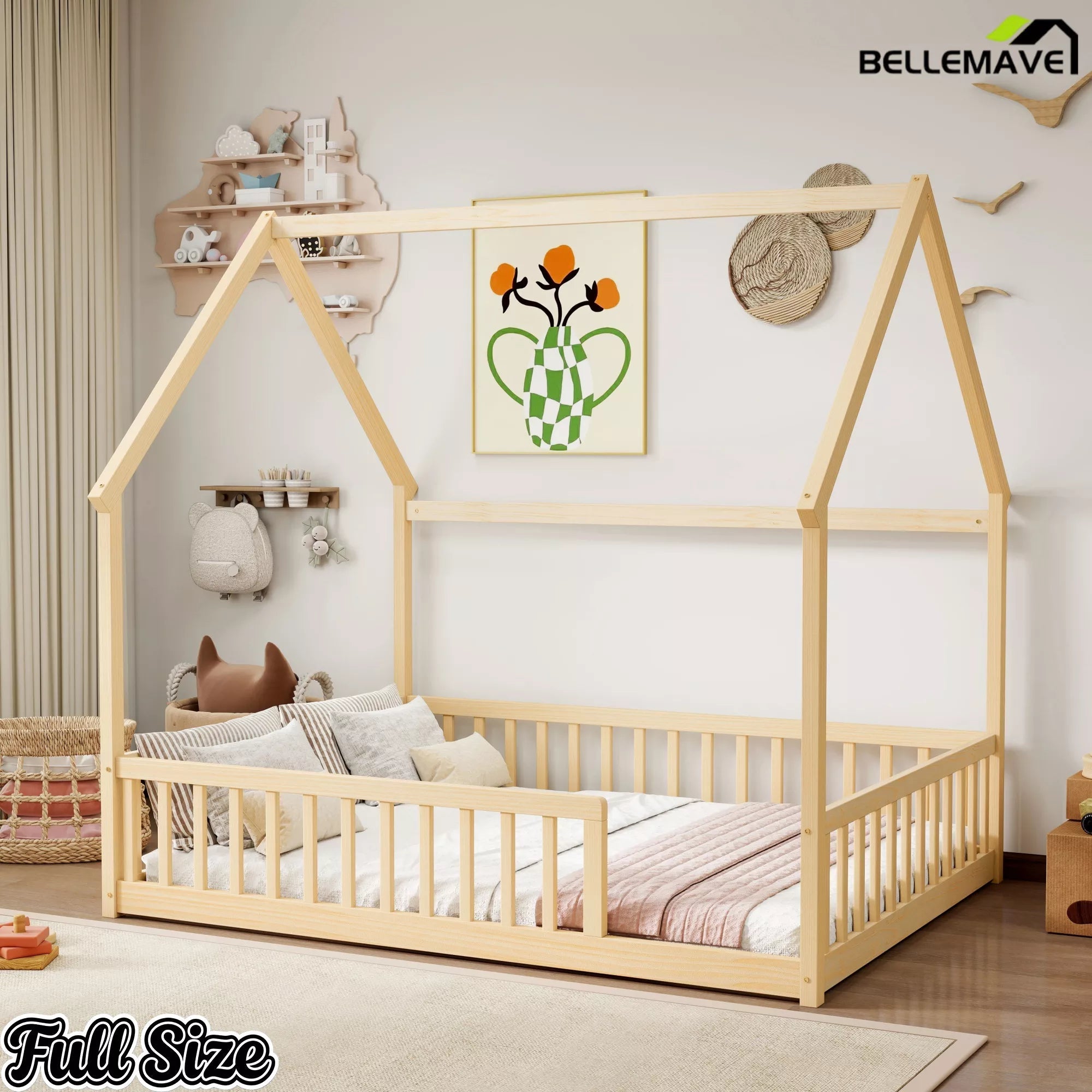Bellemave® Wood House Floor Bed Frame with Safety Fence Guardrails - Bellemave