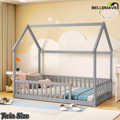 Bellemave® Wood House Floor Bed Frame with Safety Fence Guardrails - Bellemave