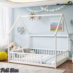 Bellemave® Wood House Floor Bed Frame with Safety Fence Guardrails - Bellemave