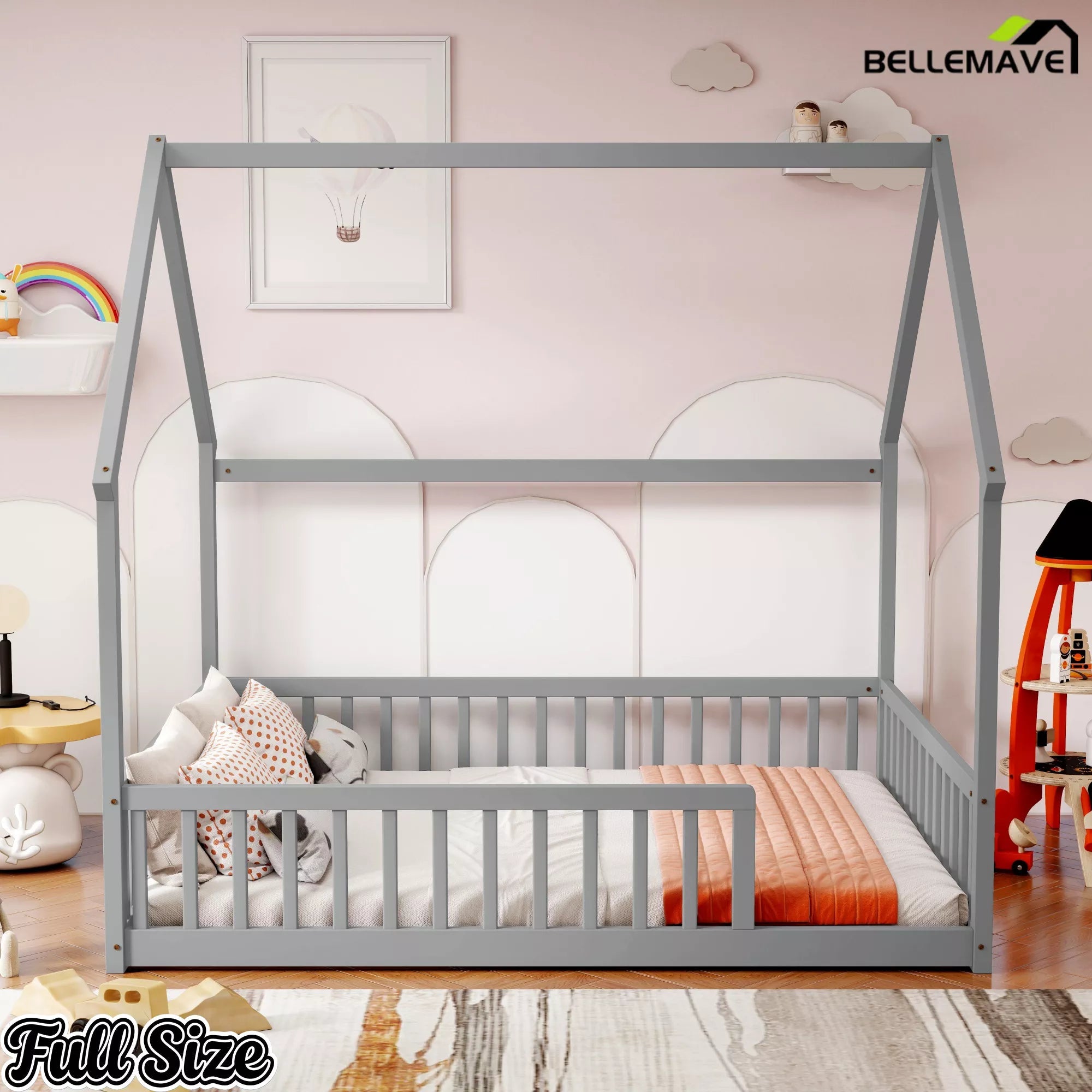 Bellemave® Wood House Floor Bed Frame with Safety Fence Guardrails - Bellemave