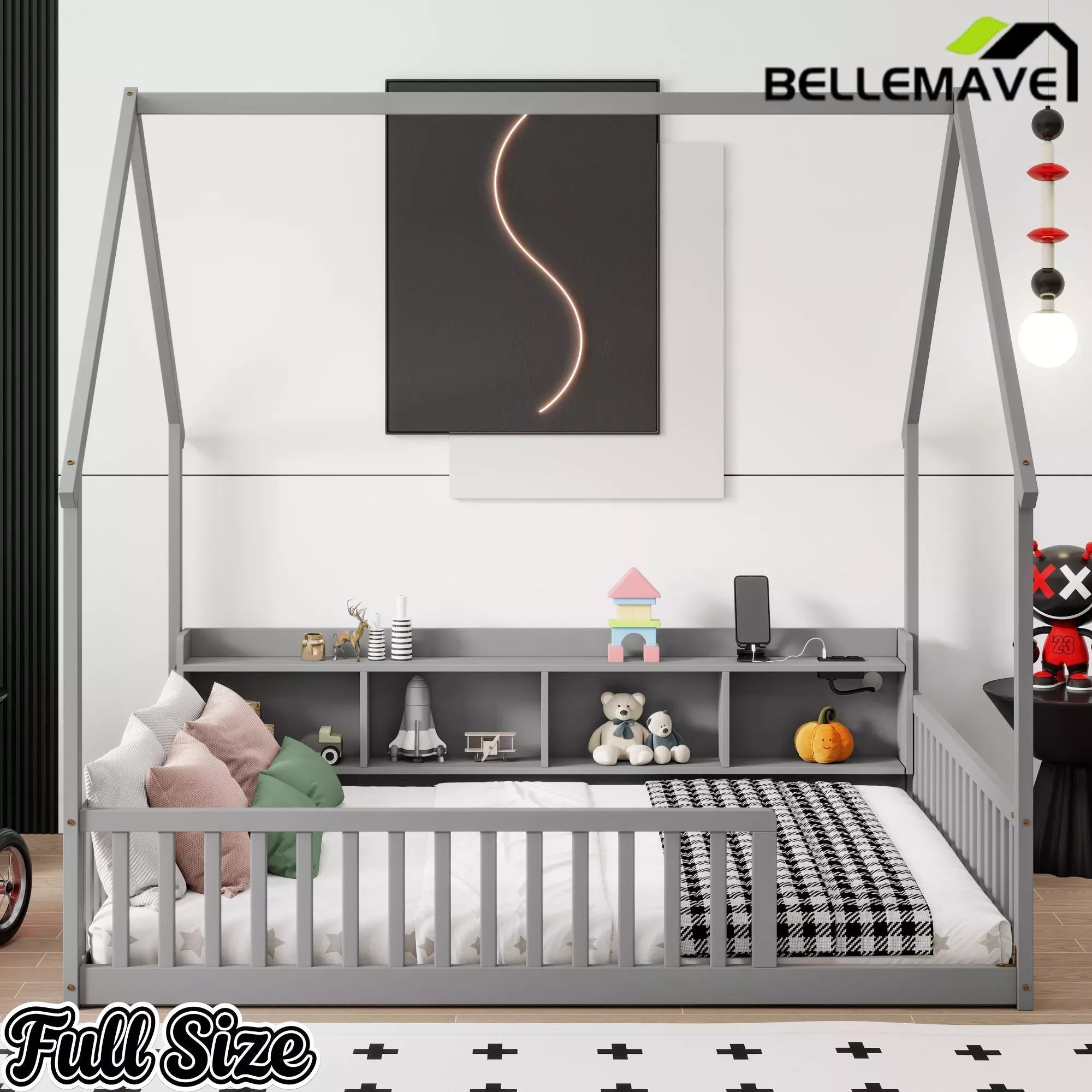 Bellemave® Wood House Floor Bed with Storage Shelves,Built-in LED Lights & Charging Station, Montessori Bed with Rails, No slats - Bellemave