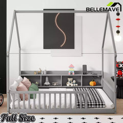 Bellemave® Wood House Floor Bed with Storage Shelves,Built-in LED Lights & Charging Station, Montessori Bed with Rails, No slats - Bellemave