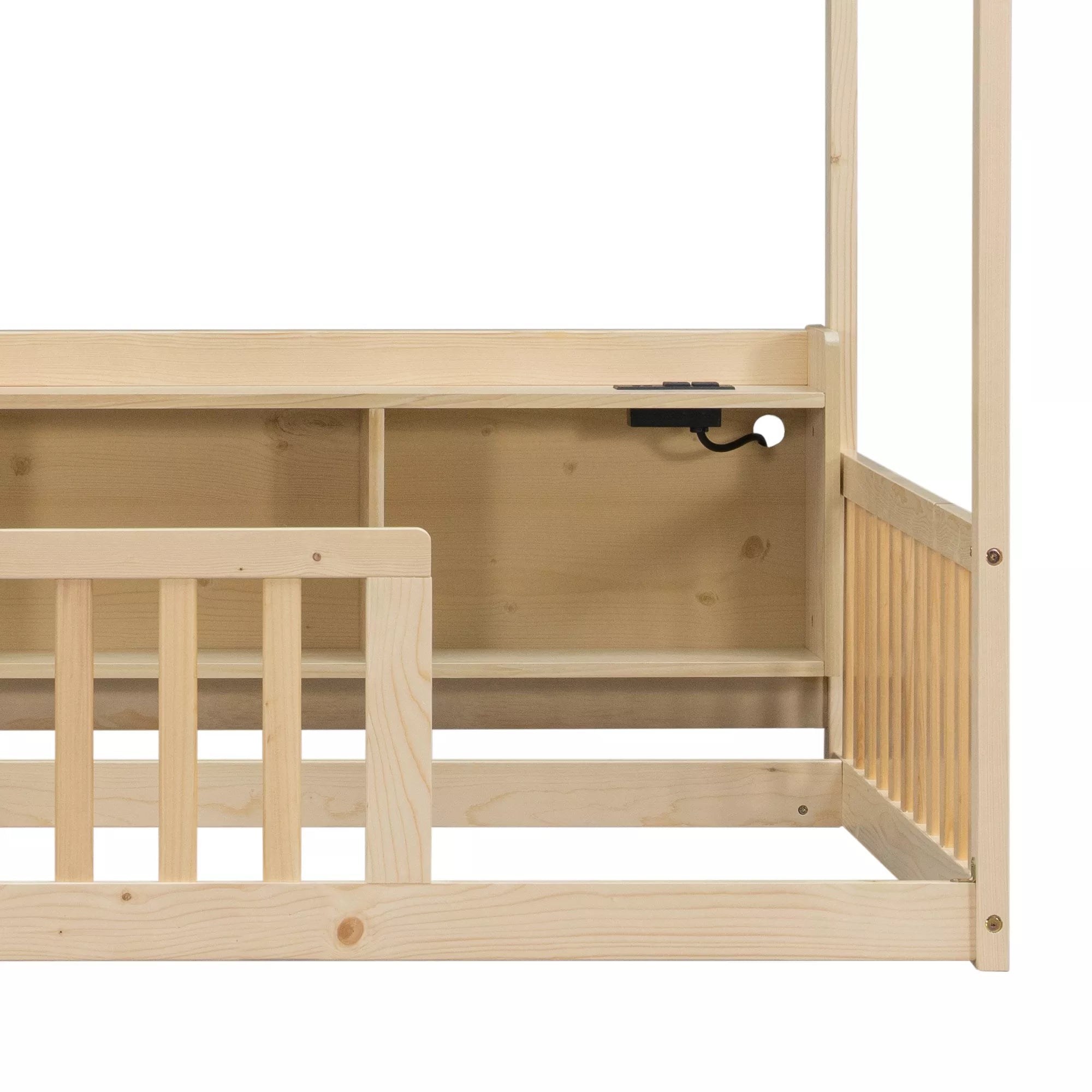 Bellemave® Wood House Floor Bed with Storage Shelves,Built-in LED Lights & Charging Station, Montessori Bed with Rails, No slats - Bellemave