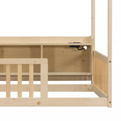 Bellemave® Wood House Floor Bed with Storage Shelves,Built-in LED Lights & Charging Station, Montessori Bed with Rails, No slats - Bellemave