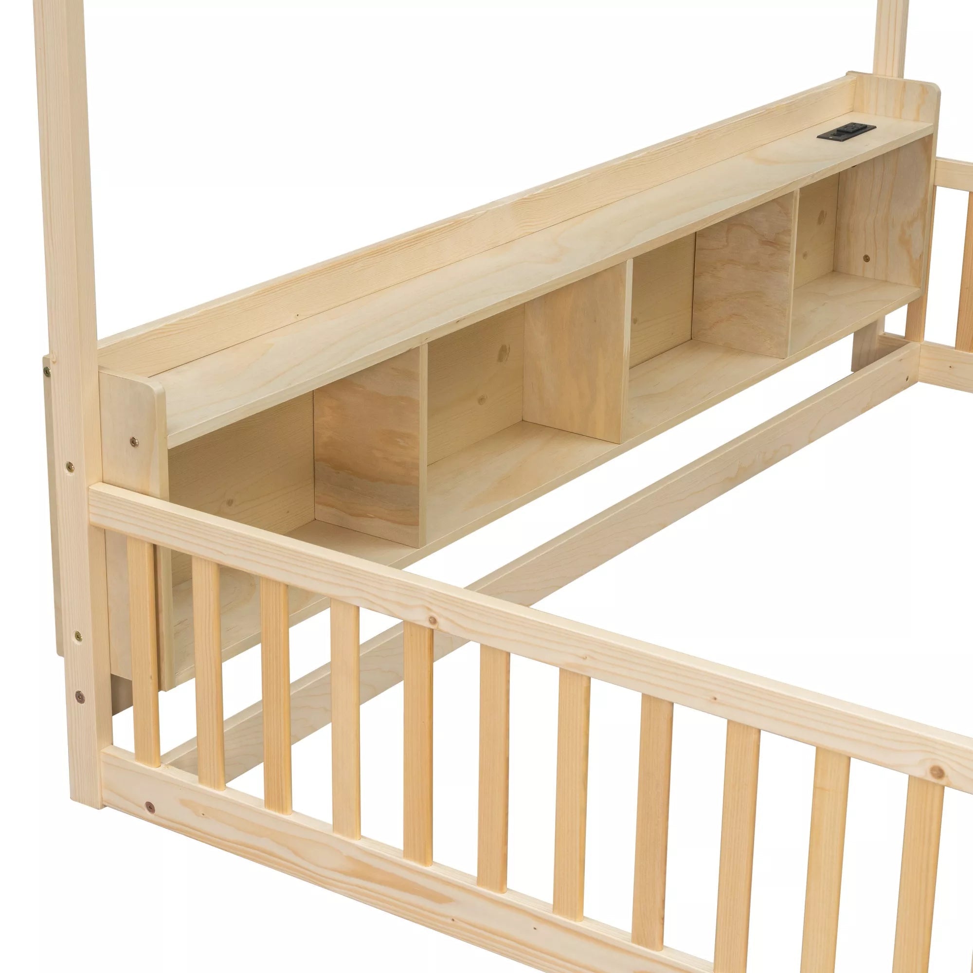 Bellemave® Wood House Floor Bed with Storage Shelves,Built-in LED Lights & Charging Station, Montessori Bed with Rails, No slats - Bellemave