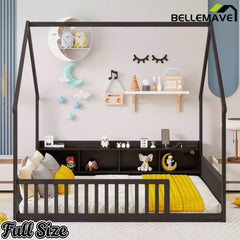 Bellemave® Wood House Floor Bed with Storage Shelves,Built-in LED Lights & Charging Station, Montessori Bed with Rails, No slats - Bellemave