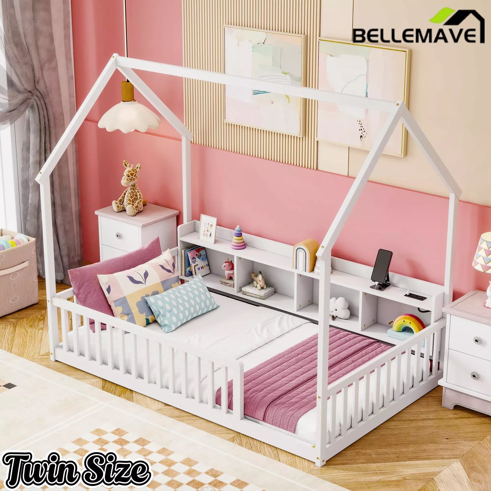 Bellemave® Wood House Floor Bed with Storage Shelves,Built-in LED Lights & Charging Station, Montessori Bed with Rails, No slats - Bellemave