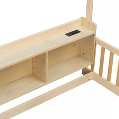 Bellemave® Wood House Floor Bed with Storage Shelves,Built-in LED Lights & Charging Station, Montessori Bed with Rails, No slats - Bellemave