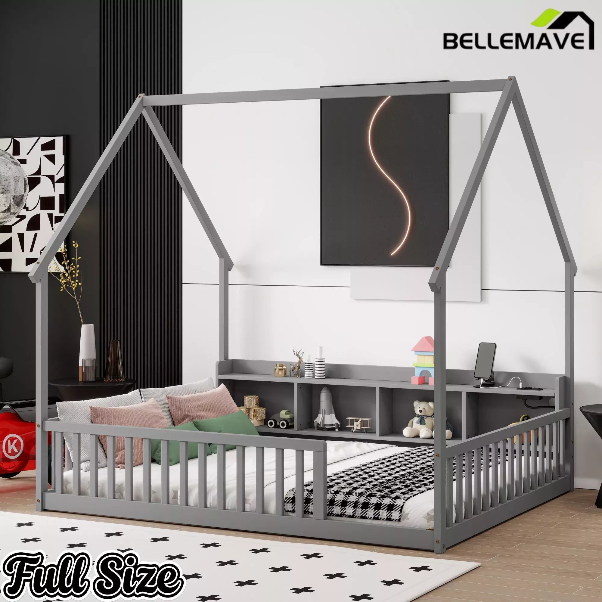 Bellemave® Wood House Floor Bed with Storage Shelves,Built-in LED Lights & Charging Station, Montessori Bed with Rails, No slats - Bellemave