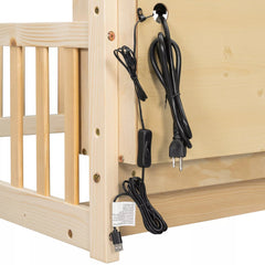 Bellemave® Wood House Floor Bed with Storage Shelves,Built-in LED Lights & Charging Station, Montessori Bed with Rails, No slats - Bellemave