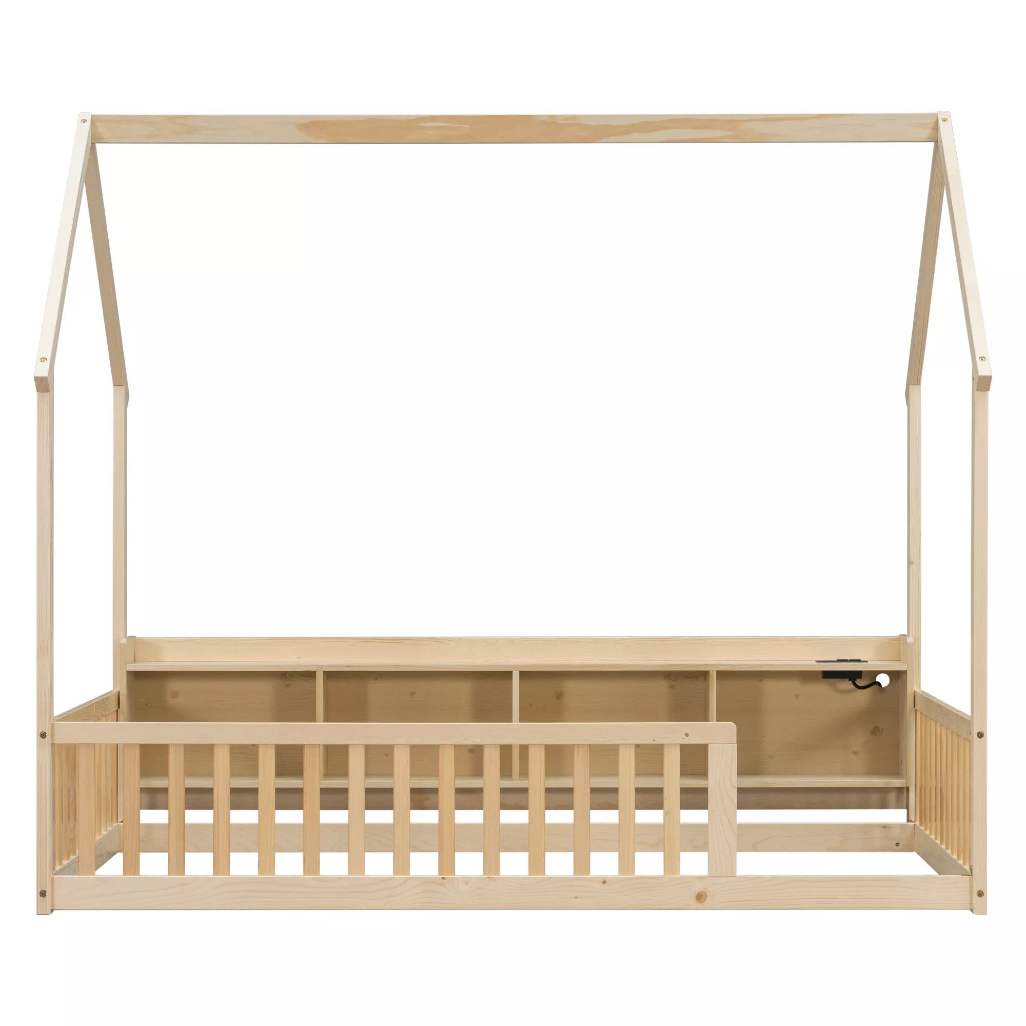 Bellemave® Wood House Floor Bed with Storage Shelves,Built-in LED Lights & Charging Station, Montessori Bed with Rails, No slats - Bellemave