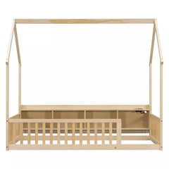 Bellemave® Wood House Floor Bed with Storage Shelves,Built-in LED Lights & Charging Station, Montessori Bed with Rails, No slats - Bellemave